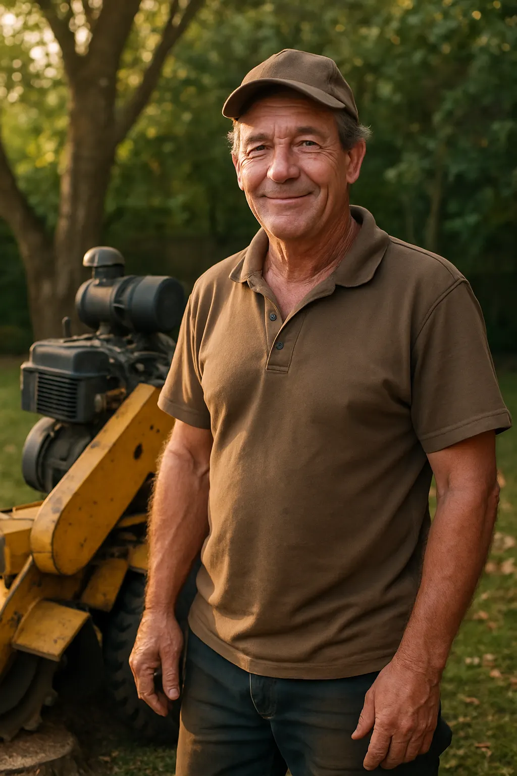 Damien from DJ's Stump Grinding beside his stump grinder